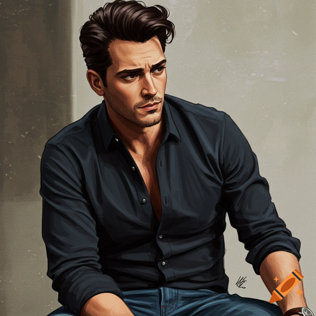 Stylized portrait illustration of a man in a dark shirt