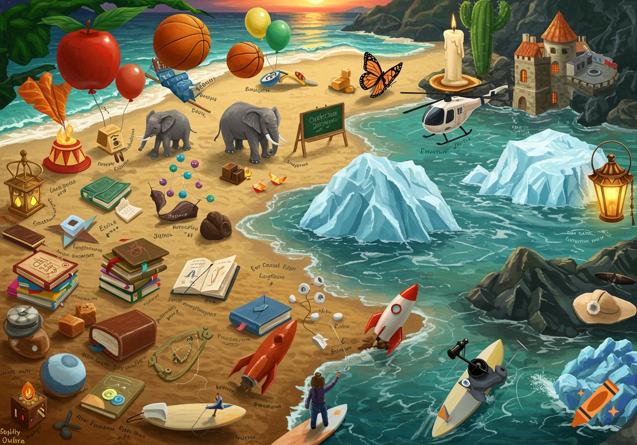 A surreal beach scene filled with various objects including elephants, books, rockets, icebergs, and a castle.