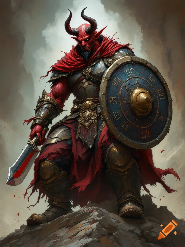 A muscular red-skinned Tiefling with horns, wearing detailed gold armor and a red cape, holds a sword and a shield with runes on it, standing on a rock.