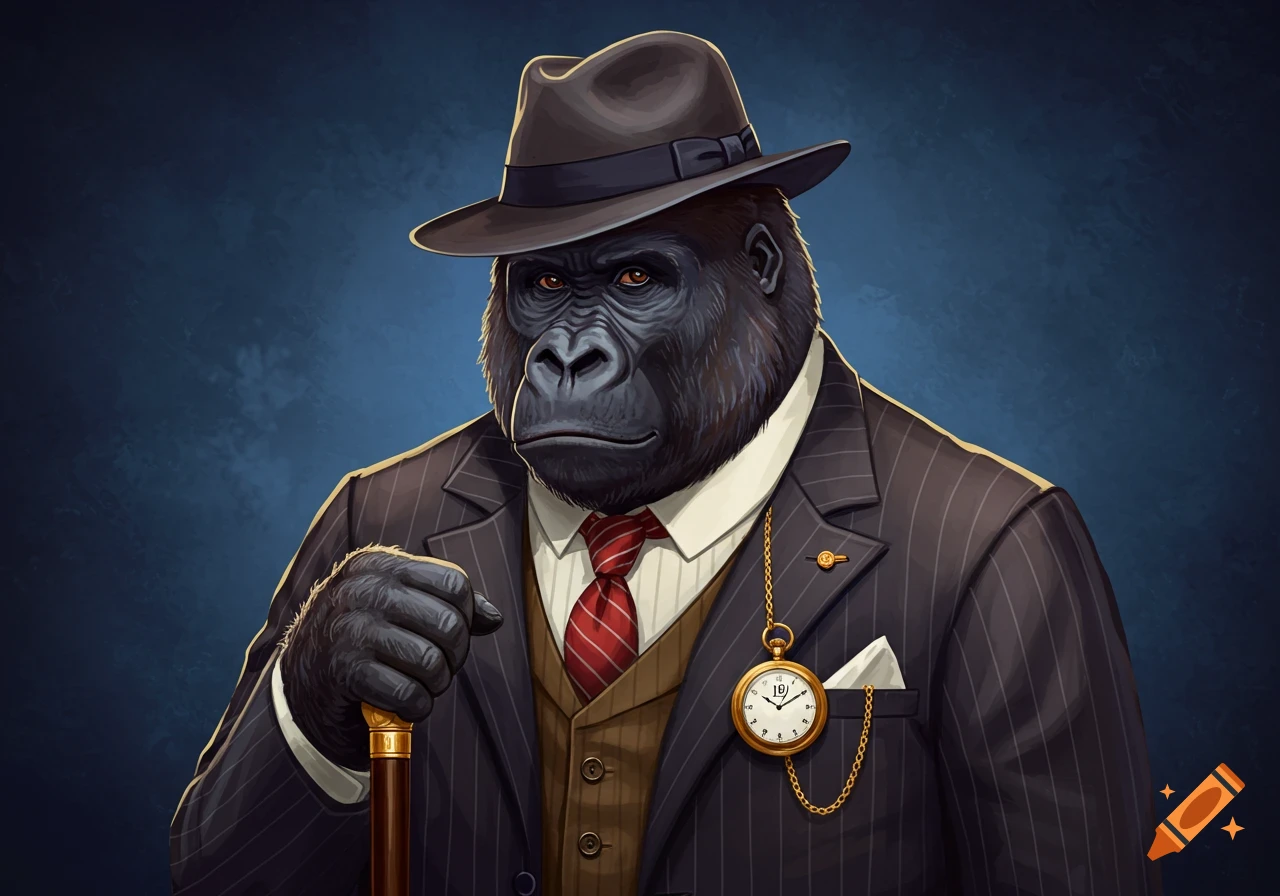 Illustrative portrait of a gorilla wearing a pinstripe suit, fedora, holding a cane.