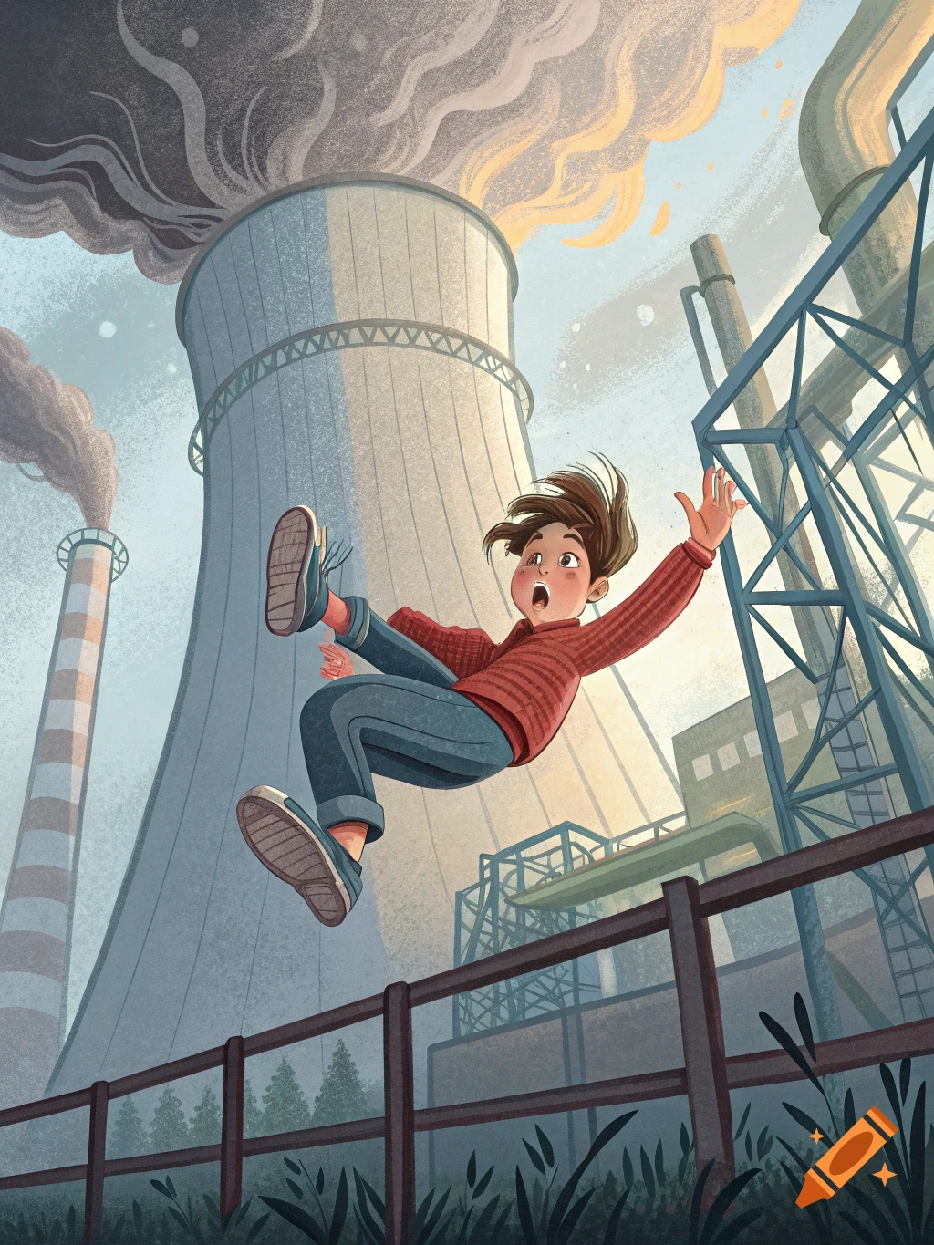 Illustration of a child falling near a cooling tower emitting smoke.