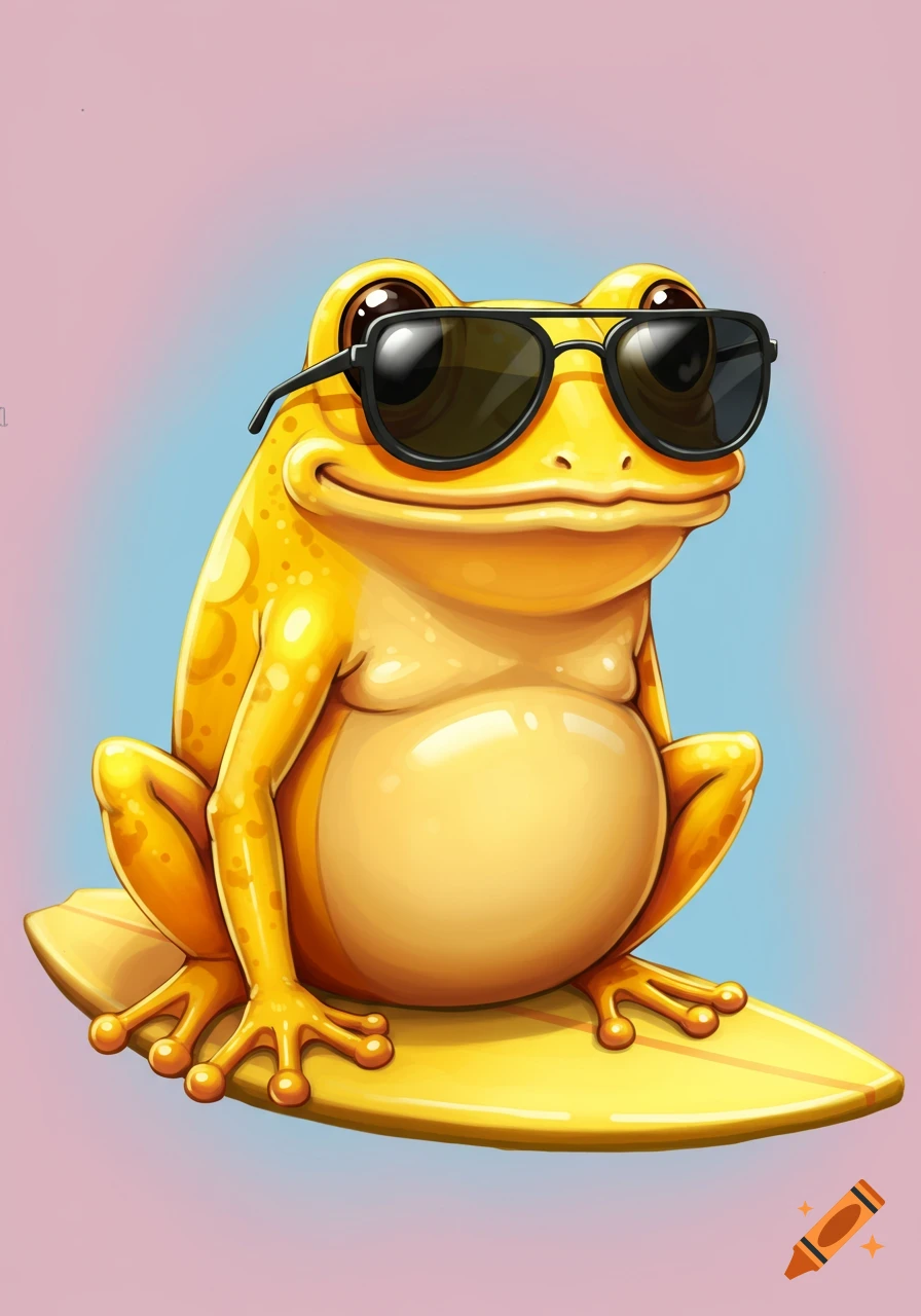 A cheerful yellow cartoon frog wearing sunglasses sits on a yellow surfboard.
