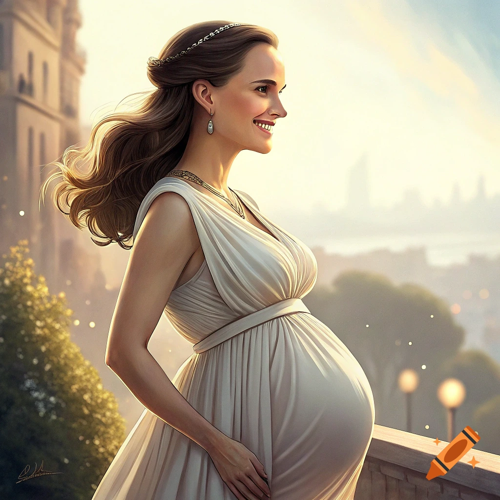 A pregnant woman in a flowing white dress smiles as she stands outdoors with a city skyline in the background.