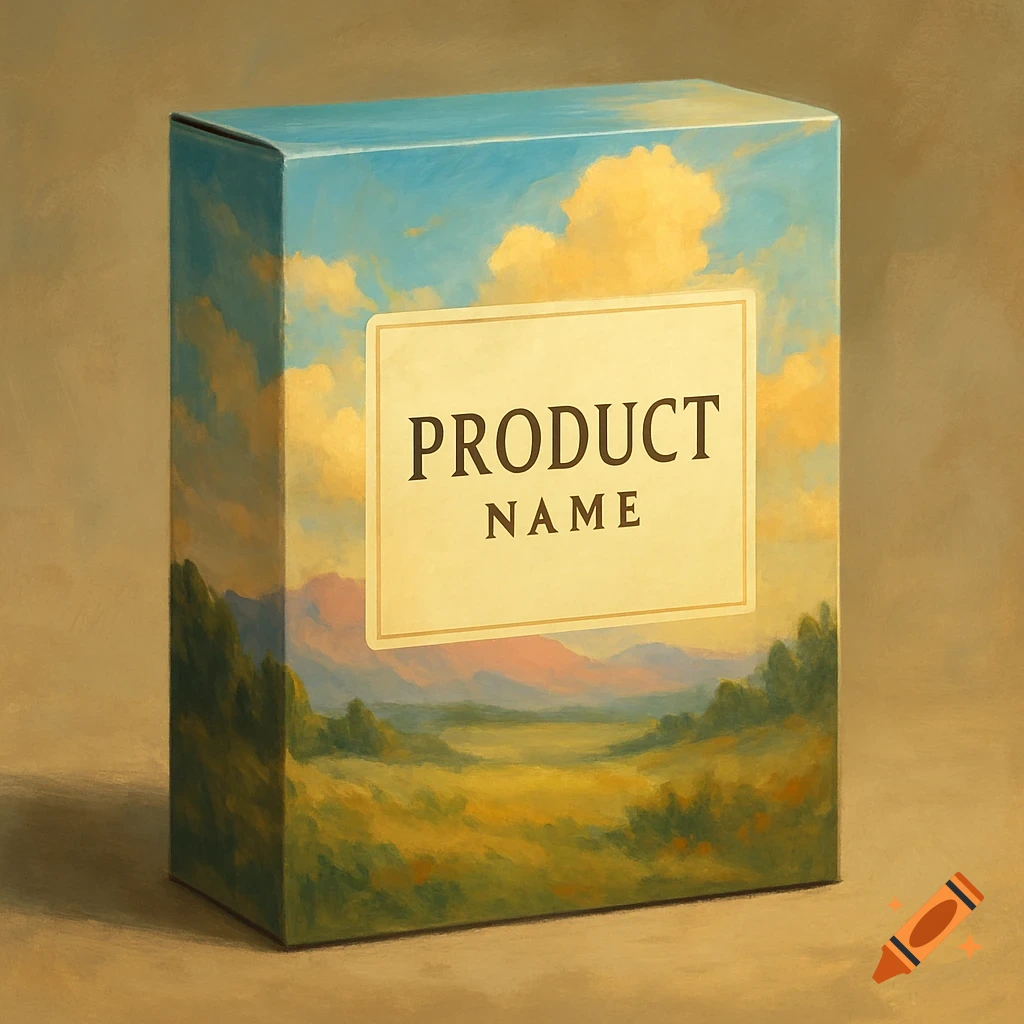 Product box with a landscape painting and 'PRODUCT NAME' label, painted style.
