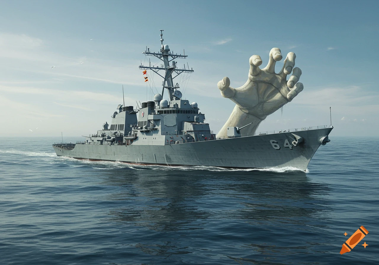 Navy ship at sea with giant hand rising from the water behind it