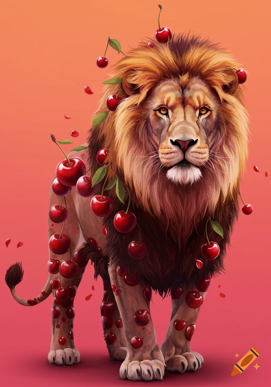 A stylized illustration of a lion covered in cherries and cherry blossoms on an orange background.