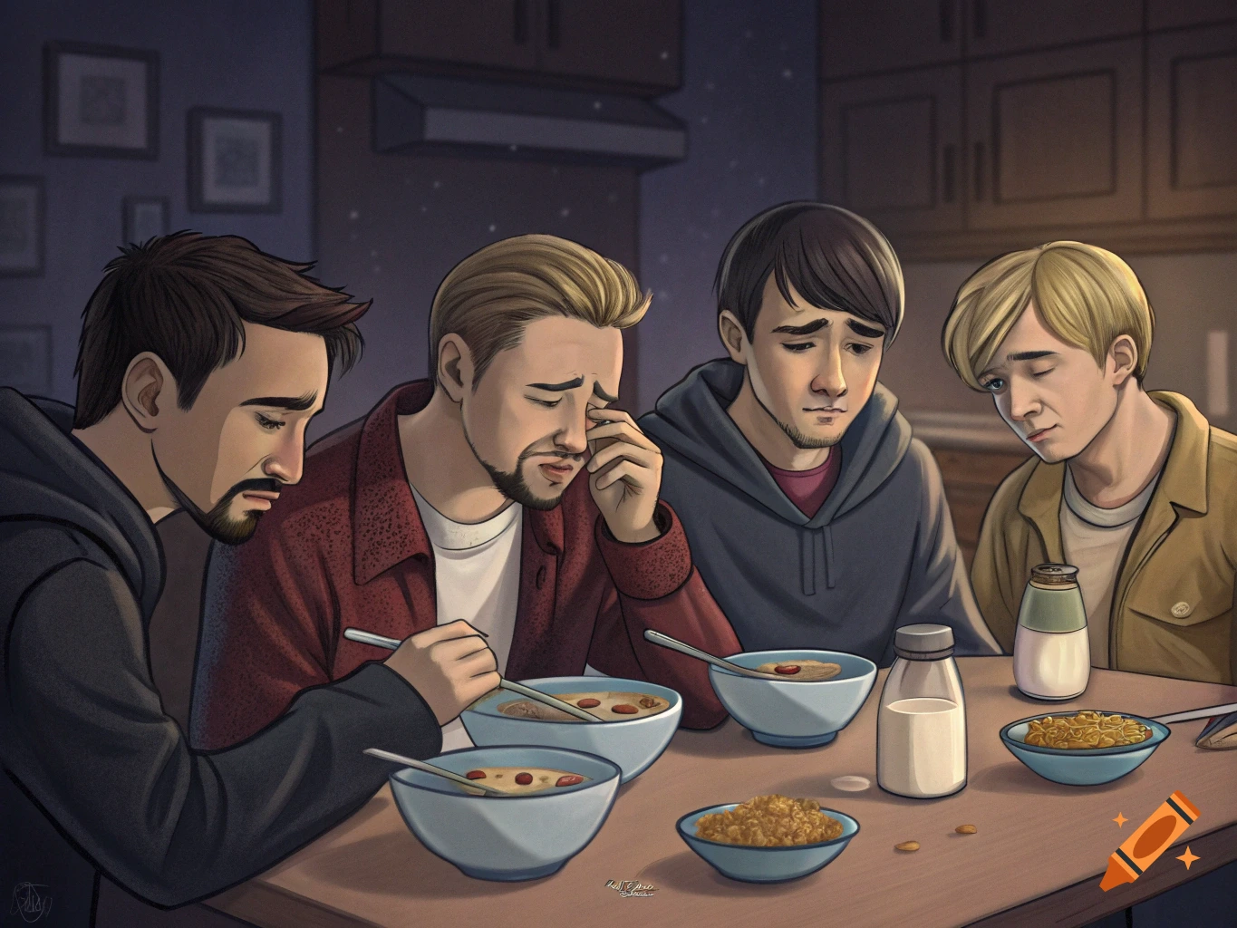 An illustration of four sad men sitting around a table eating cereal.