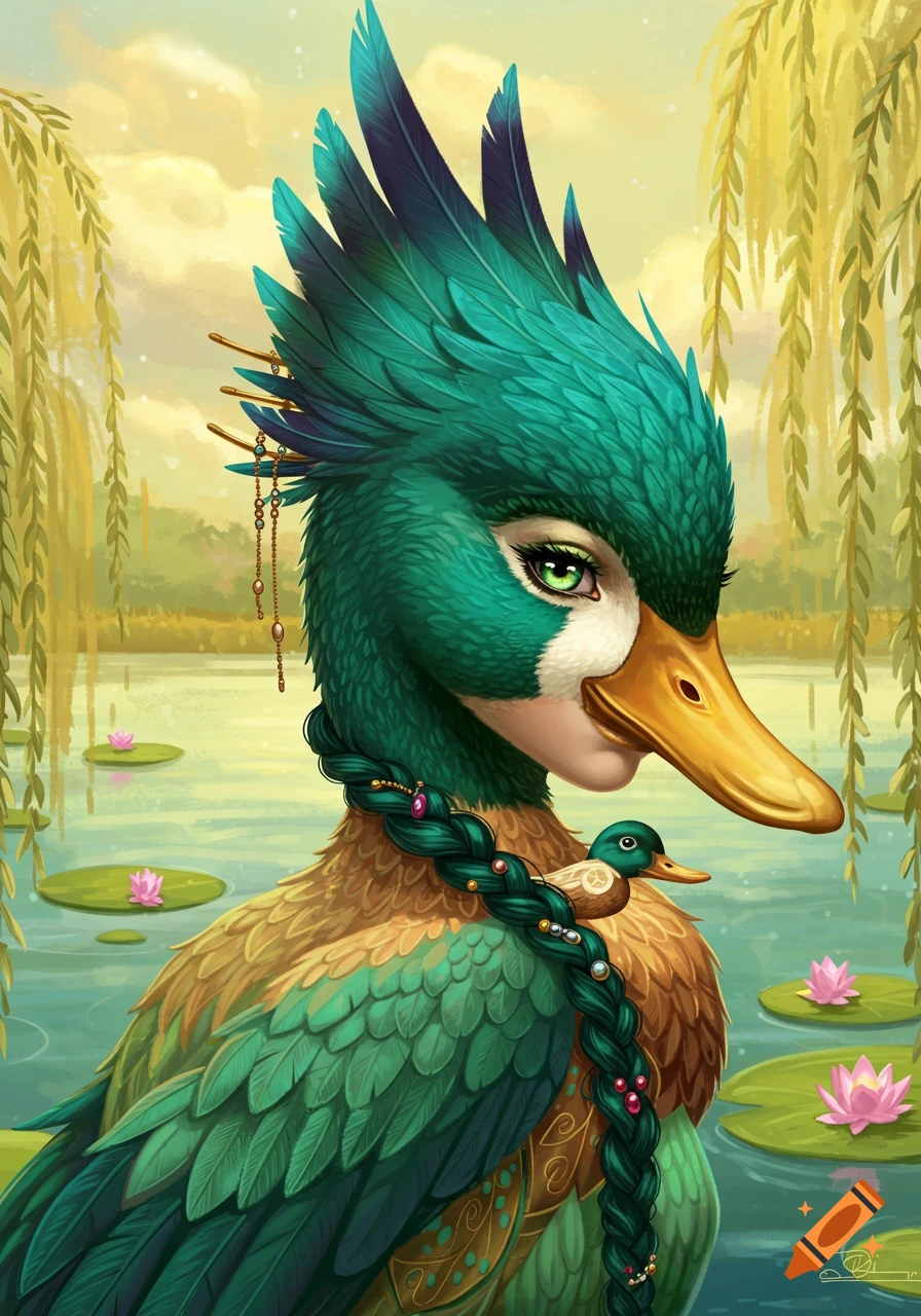 Fantasy illustration of a duck creature with human eyes and braided feathers by a pond.
