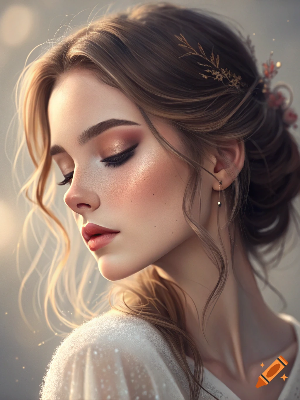 Close-up portrait of a young woman with elaborate makeup and styled hair, looking down