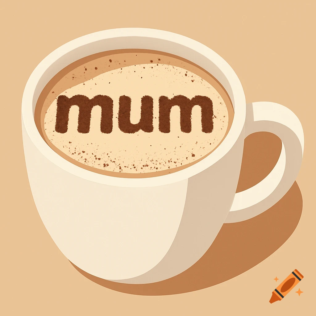 An illustration of a white coffee cup with the word mum spelled out in chocolate dust on top of the coffee foam.