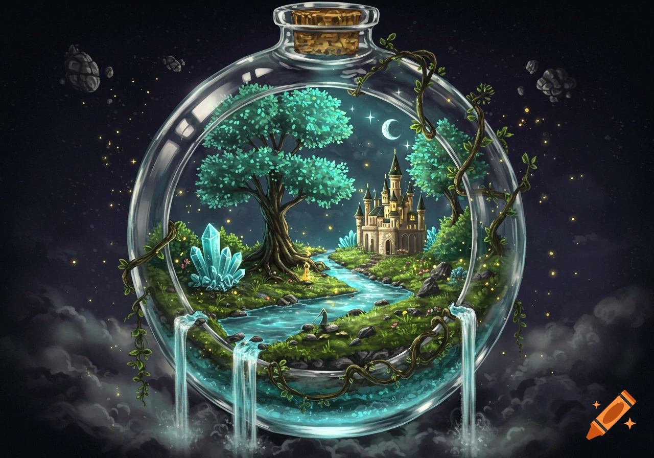 A miniature fantasy world inside a glass bottle, featuring a castle, glowing trees, a river, and waterfalls spilling over the edge.