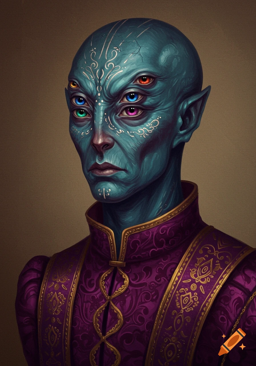 A detailed portrait painting of a serious alien with blue skin, elf-like ears, multiple eyes, and elaborate white facial markings, wearing a purple and gold brocade robe.