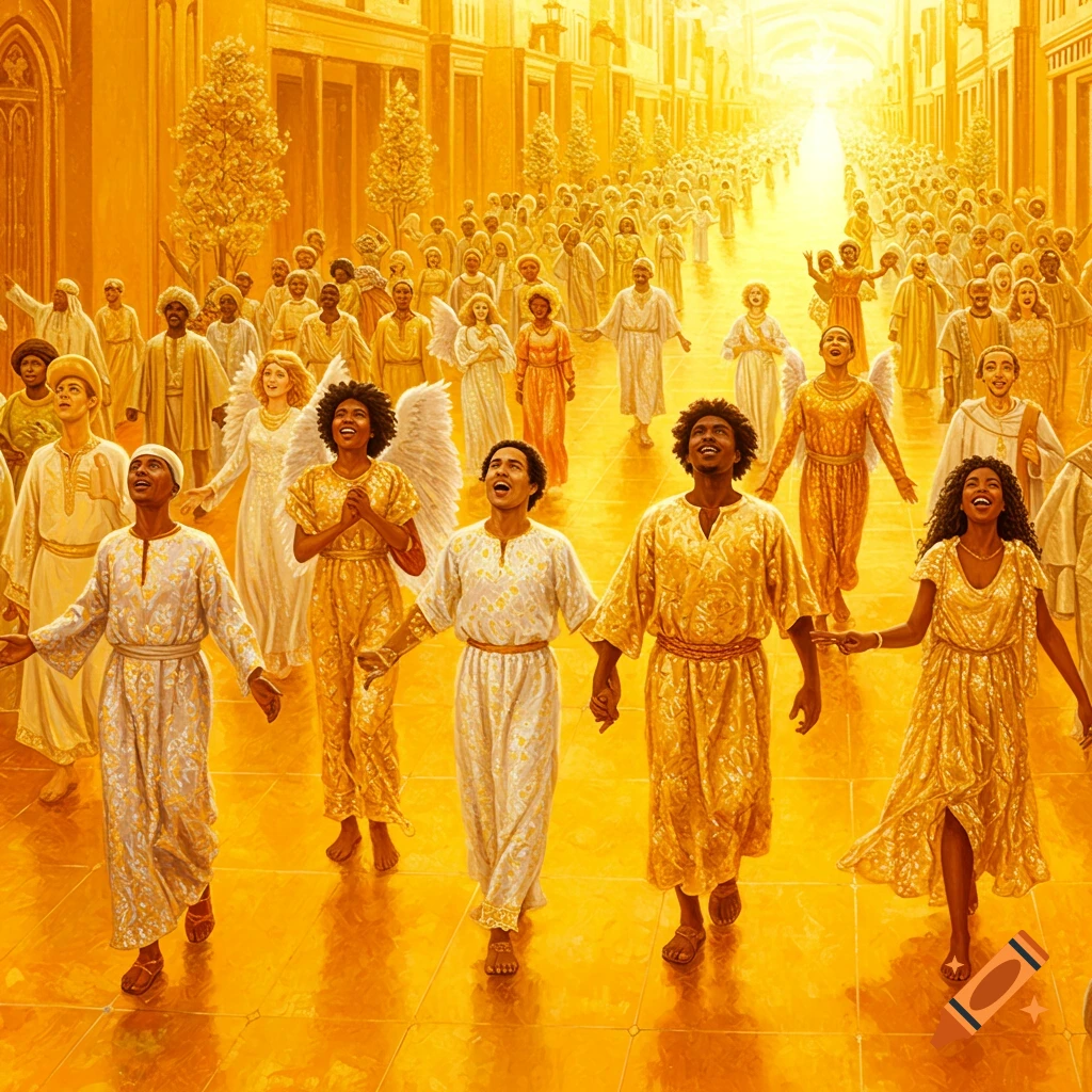 Crowd of happy people and angels walking on a golden street towards a bright light, religious art style.