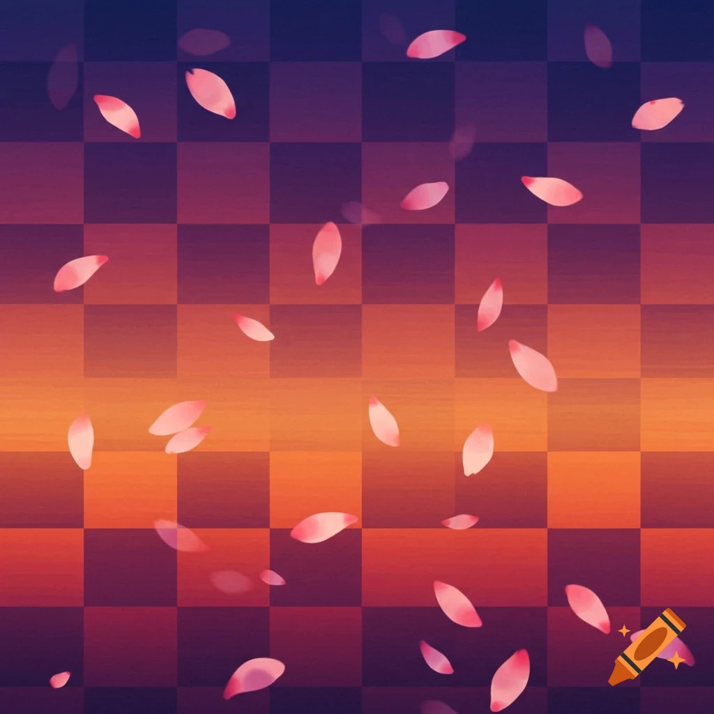 Abstract checkered background in orange and purple sunset colors with falling pink petals
