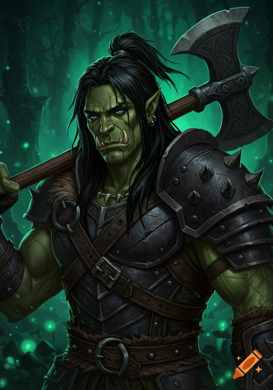 Digital painting of a young male orc with long black hair, green skin, blue eyes, in armor, holding an axe.