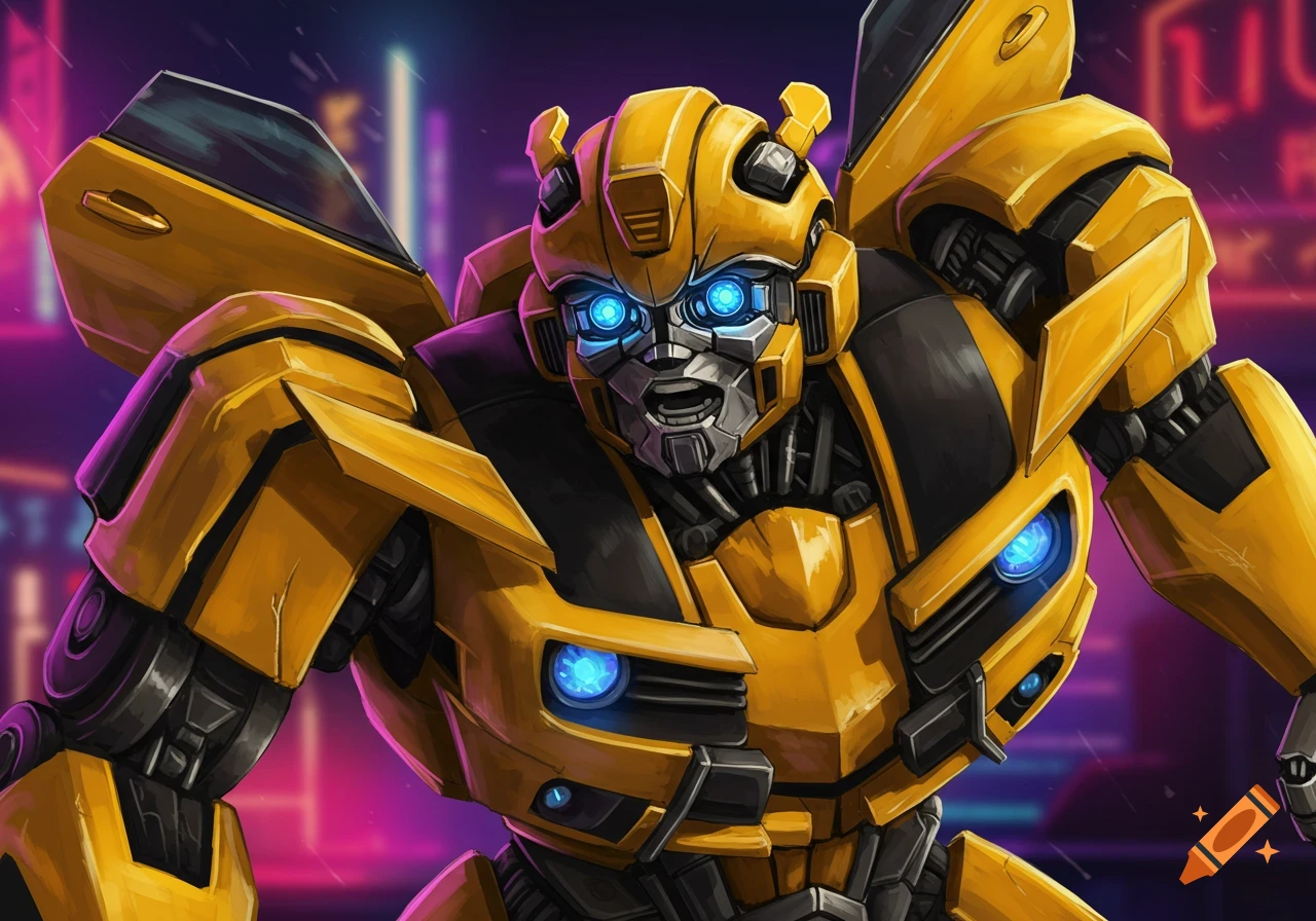 Illustration of the yellow Transformer robot Bumblebee with glowing blue eyes against a blurred neon cityscape.