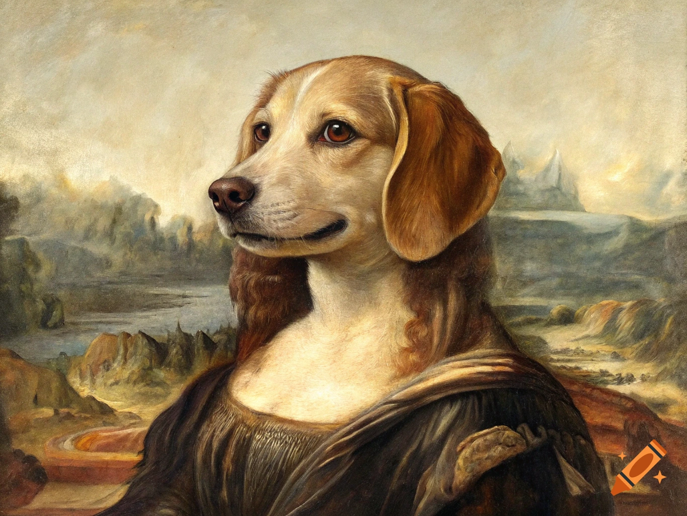 A painting of a dog's head on the Mona Lisa's body in a classical style.