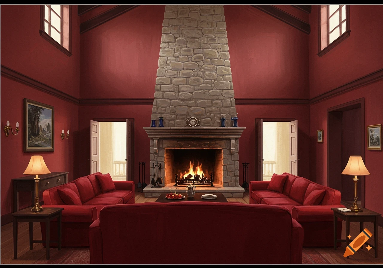 A cozy living room with deep red walls, red velvet sofas, and a large stone fireplace.