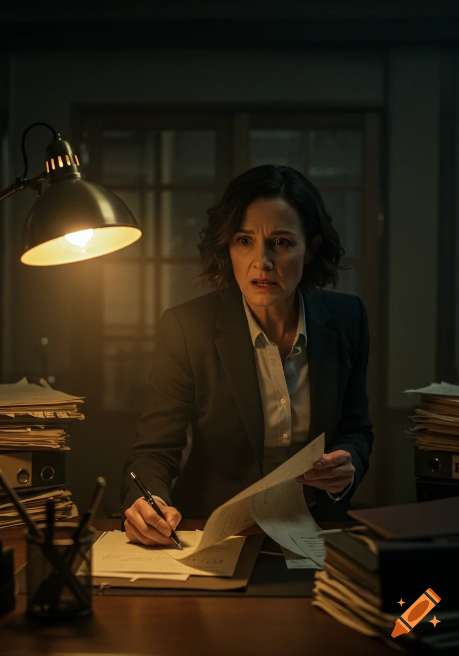 A female detective looks shocked while examining papers at a cluttered desk under a lamp, in a dark room.