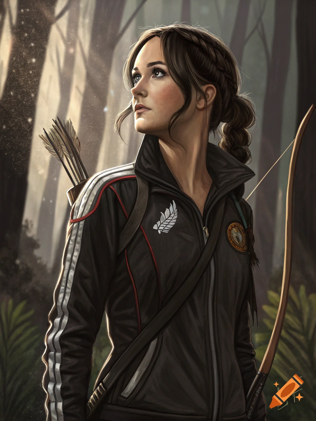 Detailed illustration of a woman resembling Katniss Everdeen with a bow in a forest, wearing a black jacket.