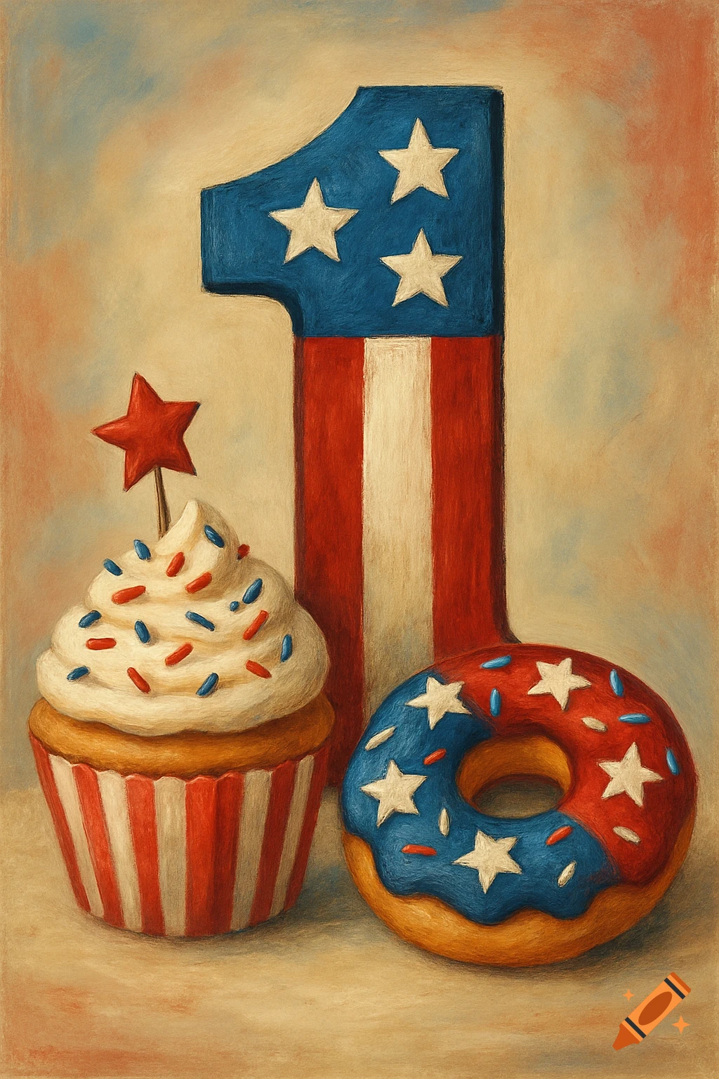 Patriotic number 1, cupcake, and donut painting