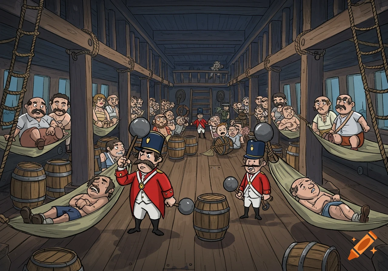Cartoon illustration of people and guards inside a historical ship with hammocks