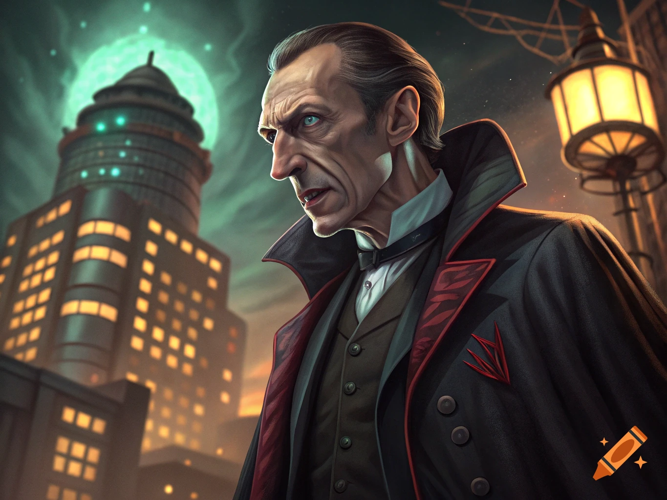 Illustration of a sharp-featured man in a cape and suit standing in a city at night under a glowing green sky.