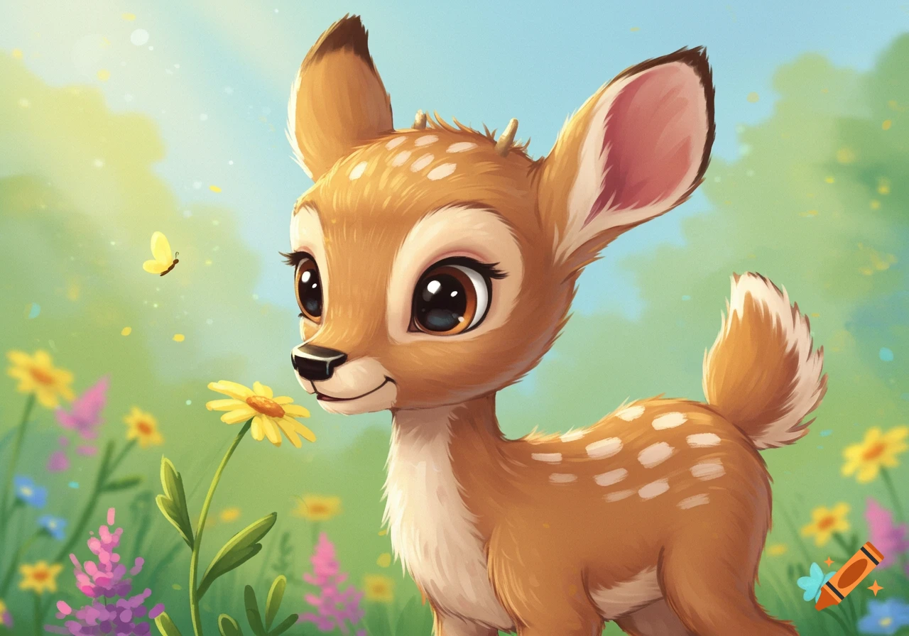 A cute cartoon deer with large eyes stands in a field of wildflowers.