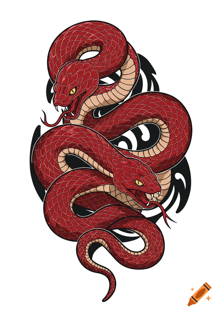 Illustration of two red snakes intertwined with black tribal shapes.