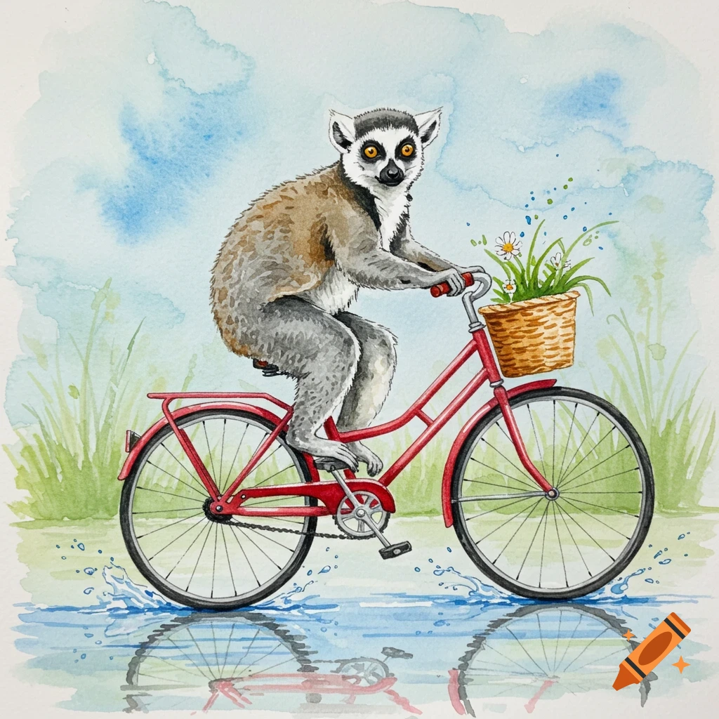 Watercolor of a lemur riding a red bicycle through water.