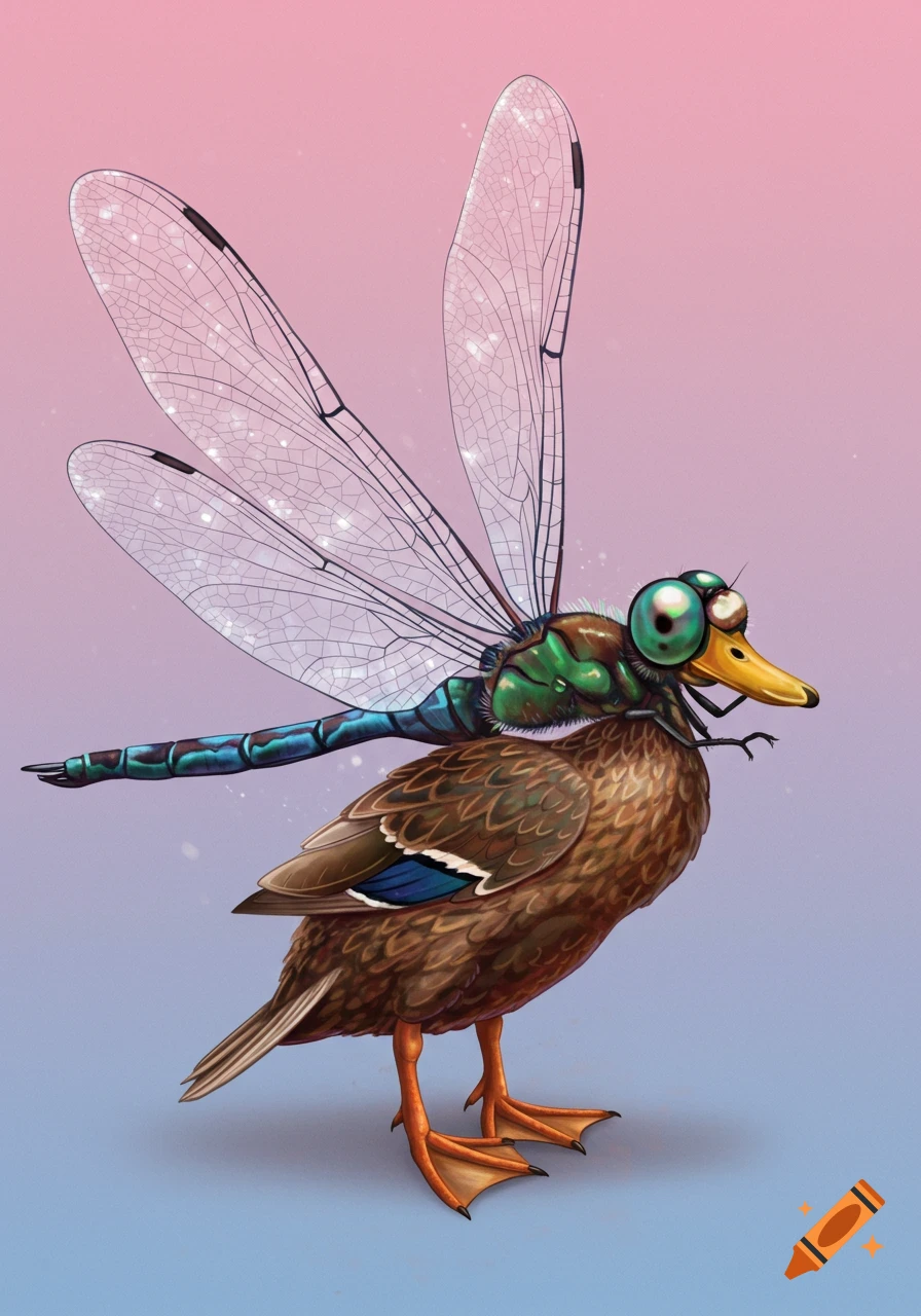 An illustration of a dragonfly with large, sparkly wings perched on the back of a duck.