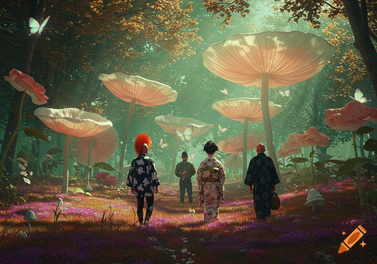People walk through a fantasy forest with giant glowing mushrooms and butterflies in a photorealistic style.