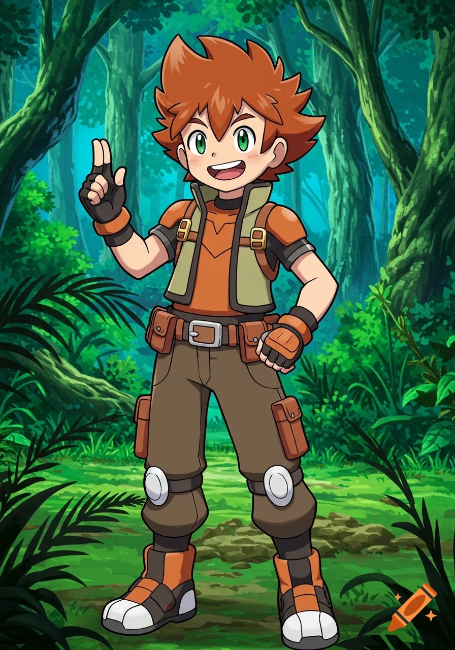 A cheerful cartoon anime boy with spiky orange hair and a utility belt stands in a lush forest.