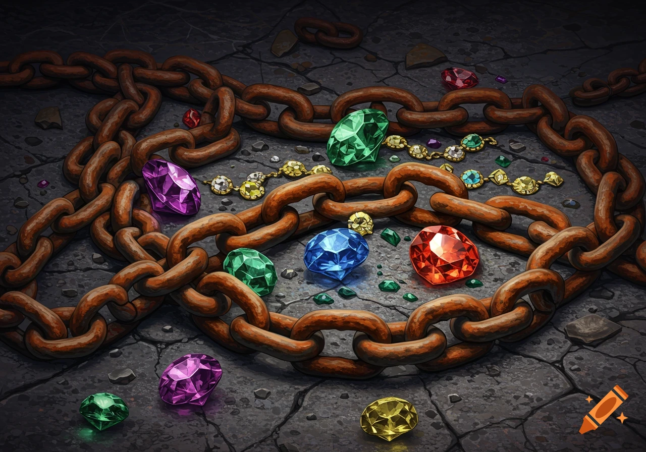 Colorful faceted gems scattered among rusty chains on dark cracked ground, illustrative style.