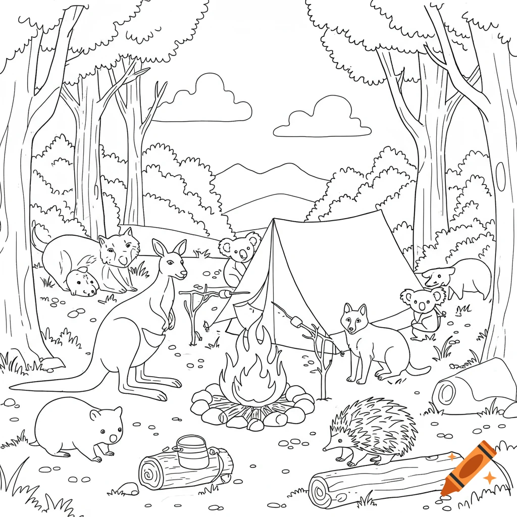 A line drawing coloring page of Australian animals (kangaroo, wombat, koalas, dingo, echidna) camping around a campfire in a forest.