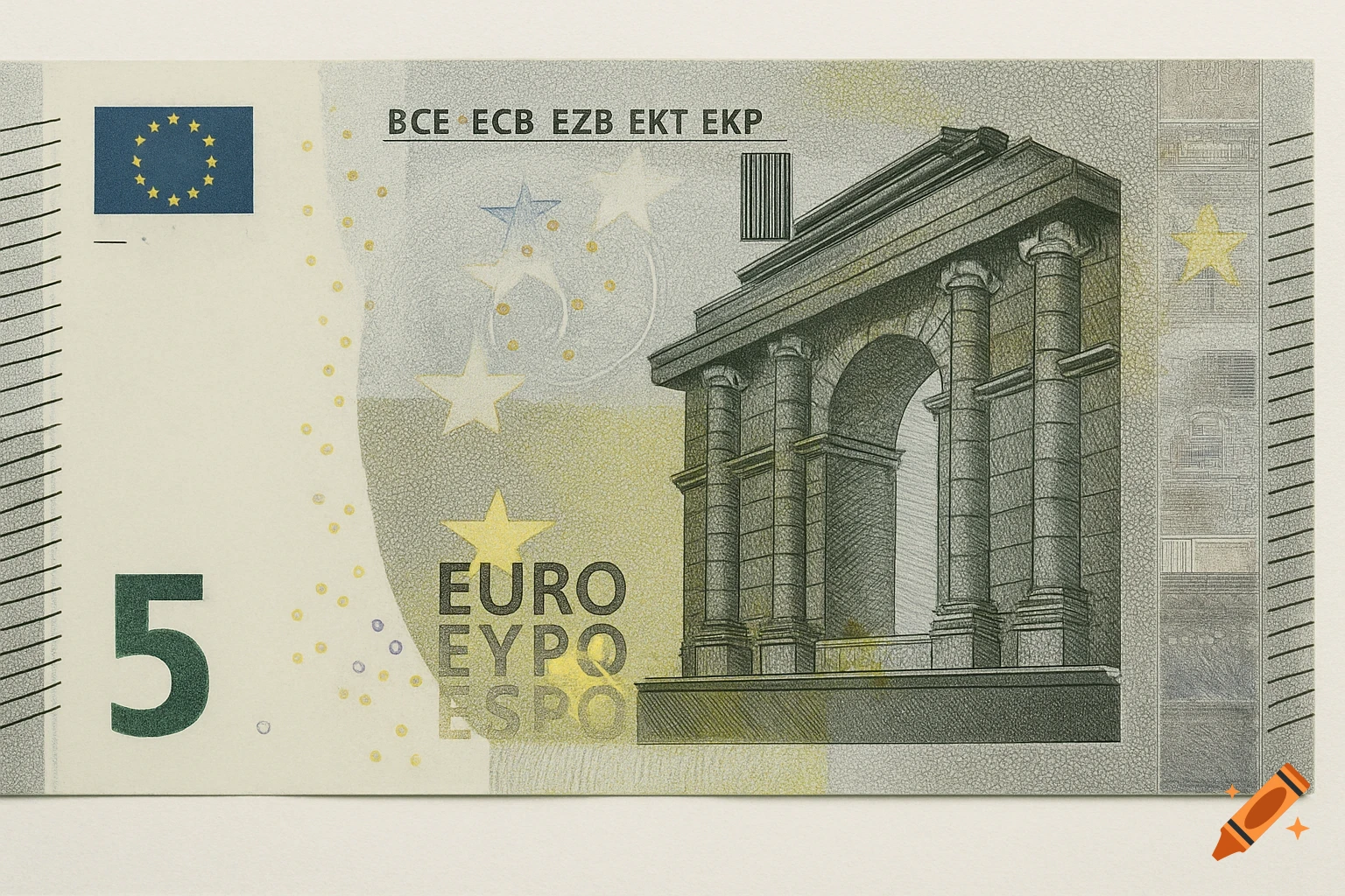 Close-up photo of a 5 Euro banknote showing the number 5 and part of the architectural drawing.