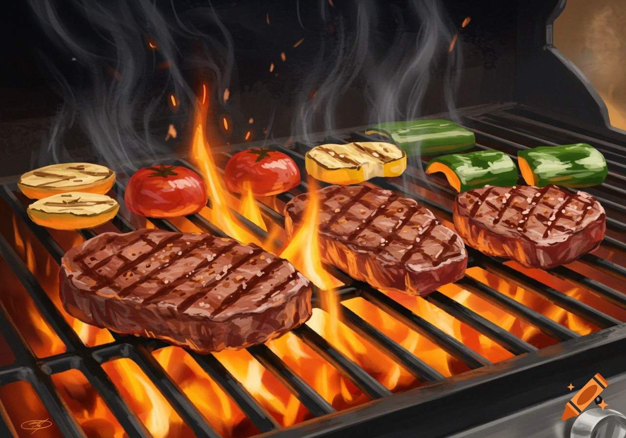 Steaks and vegetables grilling over flames on a barbecue, illustration.