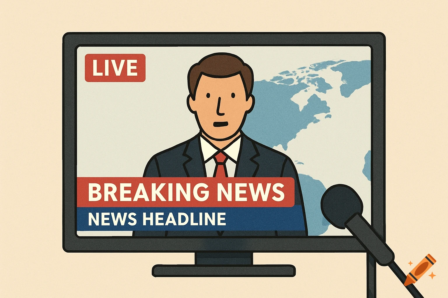Illustration of a news anchor on a TV screen with "LIVE", "BREAKING NEWS", and "NEWS HEADLINE" text.