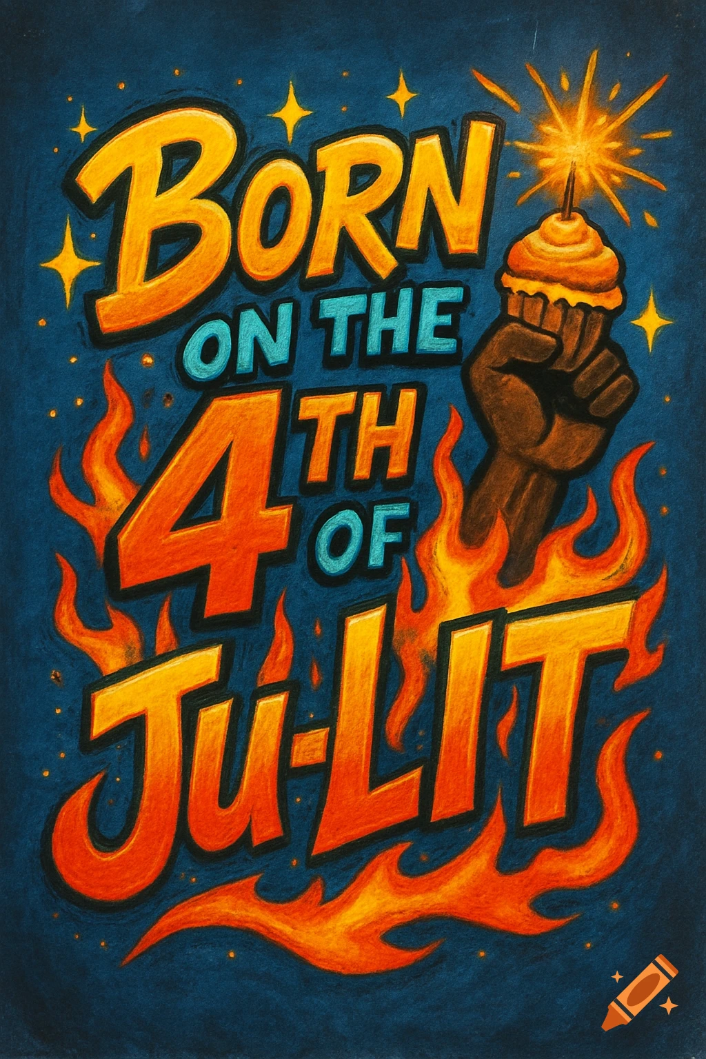 Hand-lettered text 'Born on the 4th of Ju-LIT' with flames, stars, and a fist holding a sparkler cupcake