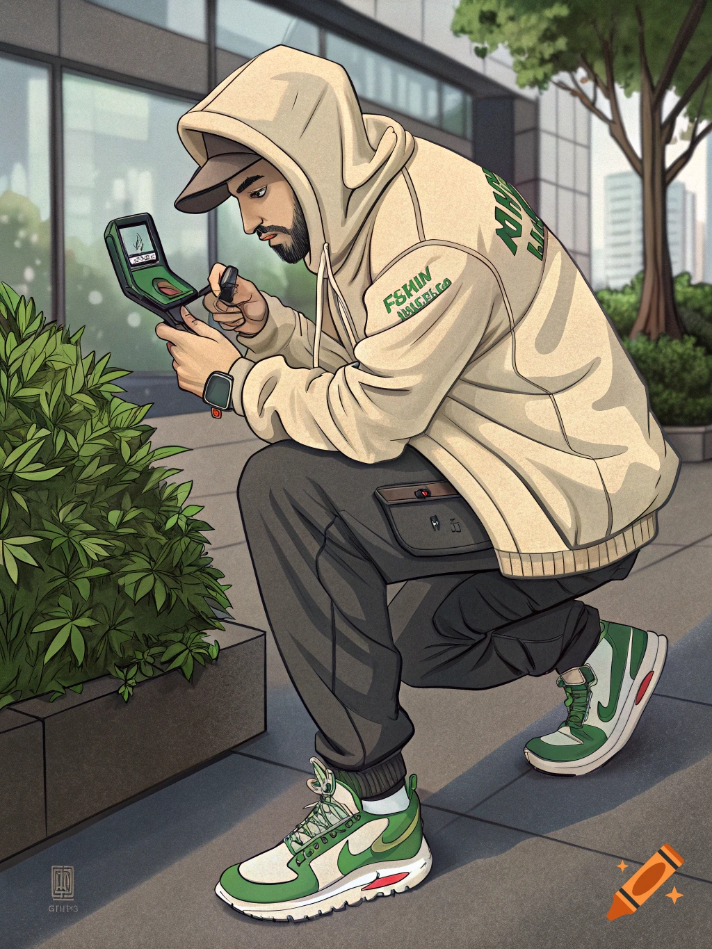 Illustration of a man in a hoodie kneeling to examine a handheld device near a bush.