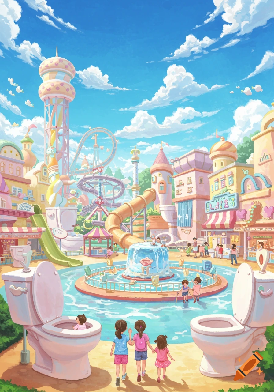 Surreal pastel illustration of a toilet-themed amusement park with rides and people.