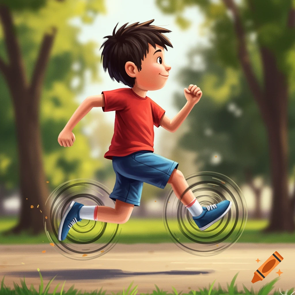 Cartoon boy running in a park with circular motion around his feet.