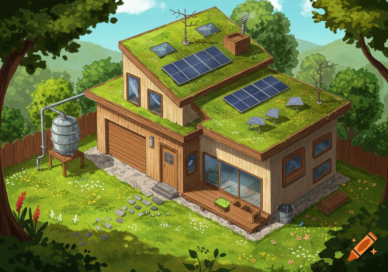 An isometric illustration of a sustainable house with a green roof, solar panels, and a rain barrel.