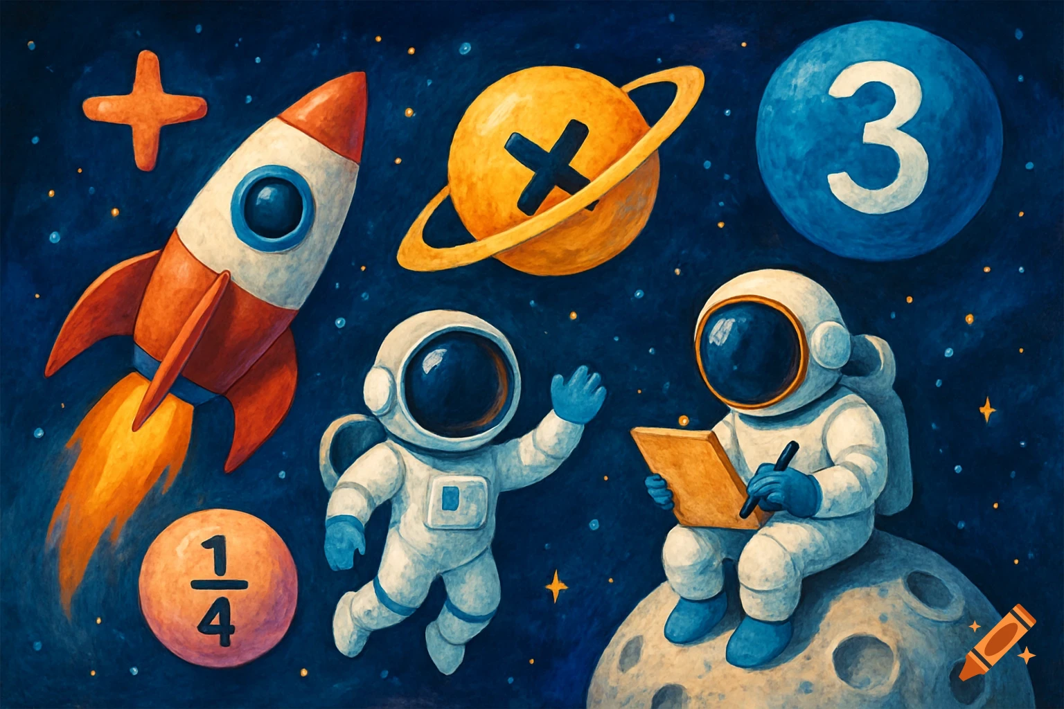 Two cartoon astronauts, a rocket, and planets with math symbols (plus, x, 1/4, 3) in a watercolor space illustration.