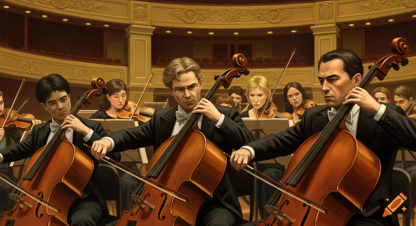 Cellists and violinists play in an orchestra hall.