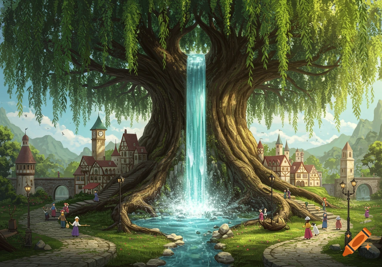A large weeping willow tree with a waterfall flows into a stream past a fantasy village with small people.