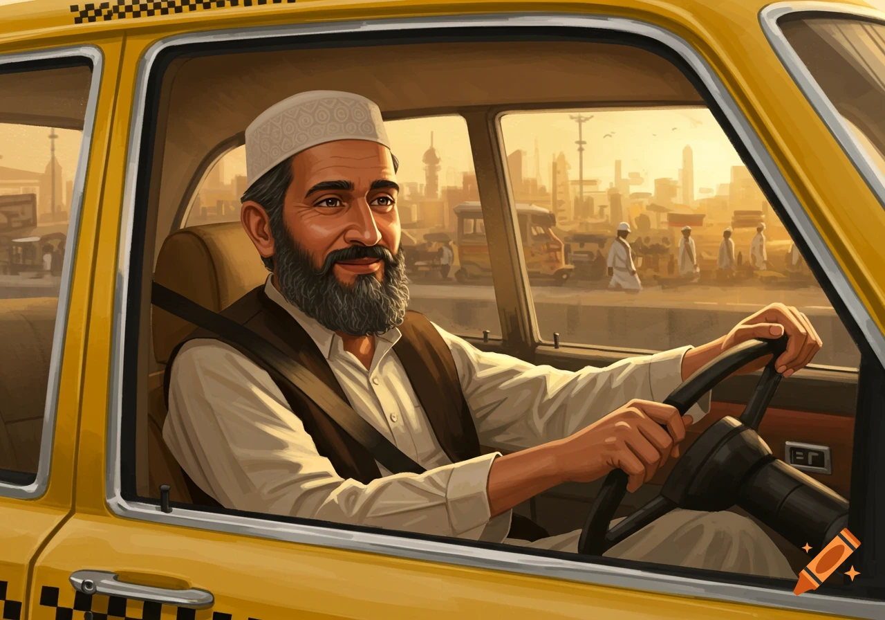 A man wearing a cap drives a yellow taxi through a city street at sunset.