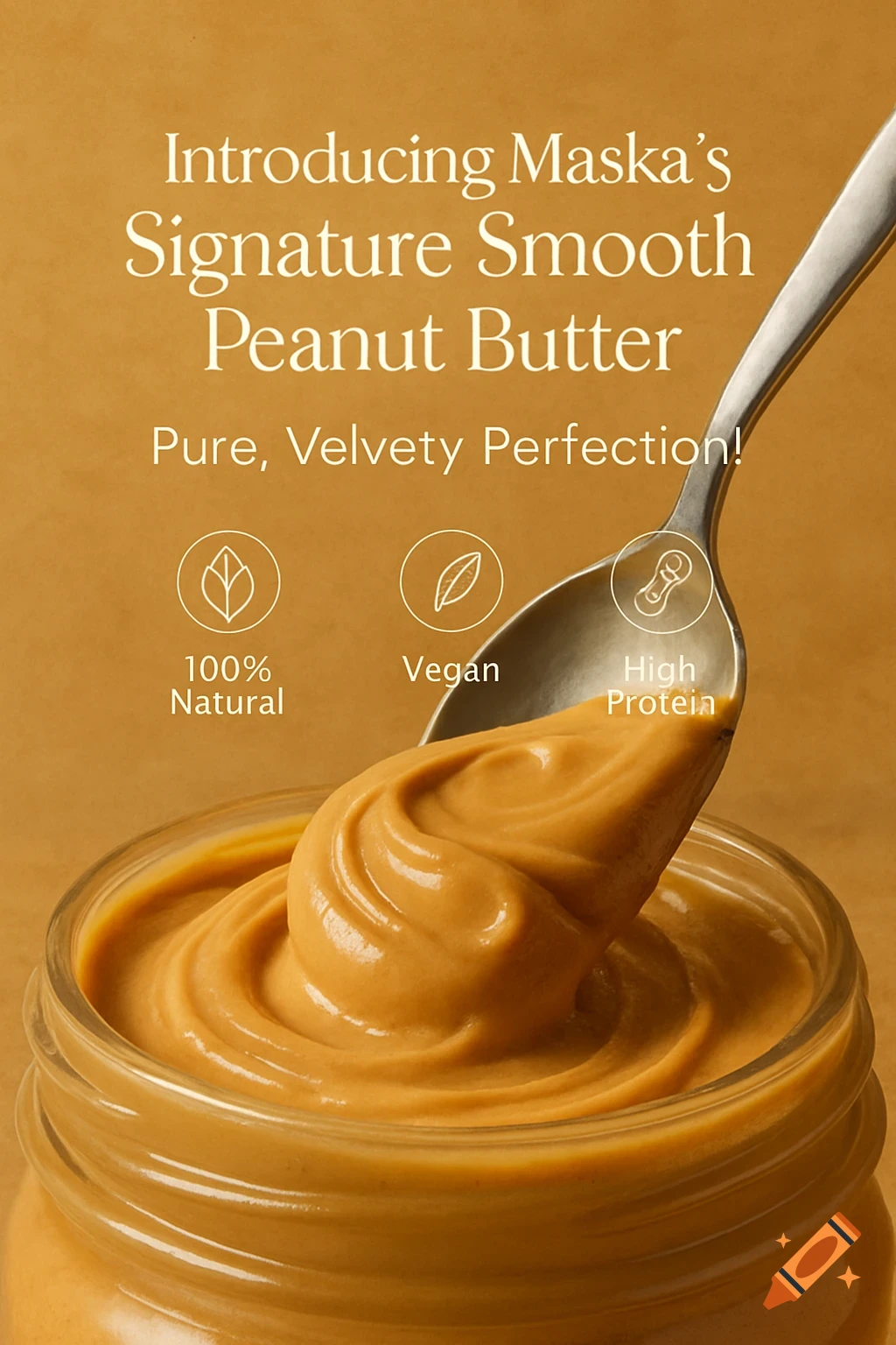 Spoon dipping into smooth peanut butter jar with promotional text and icons.