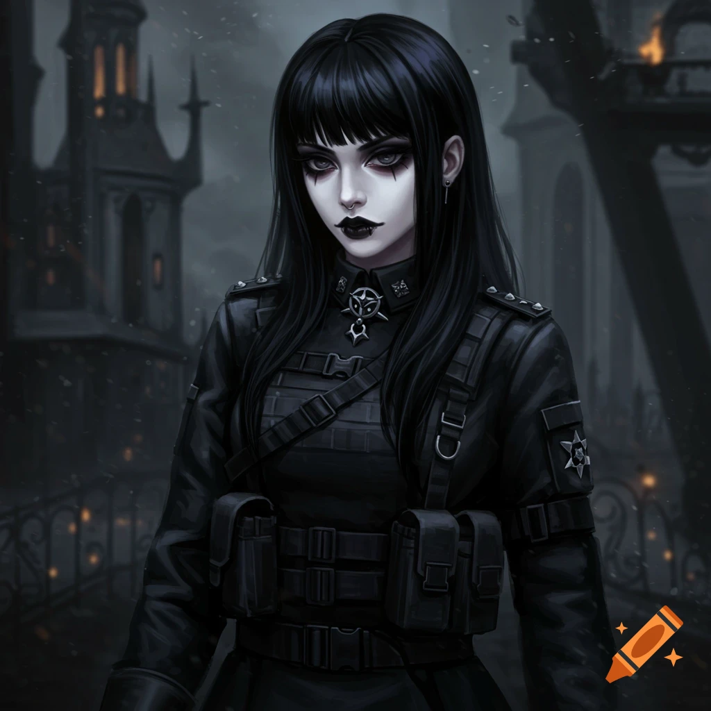 Gothic woman in black military-style uniform against a dark background.