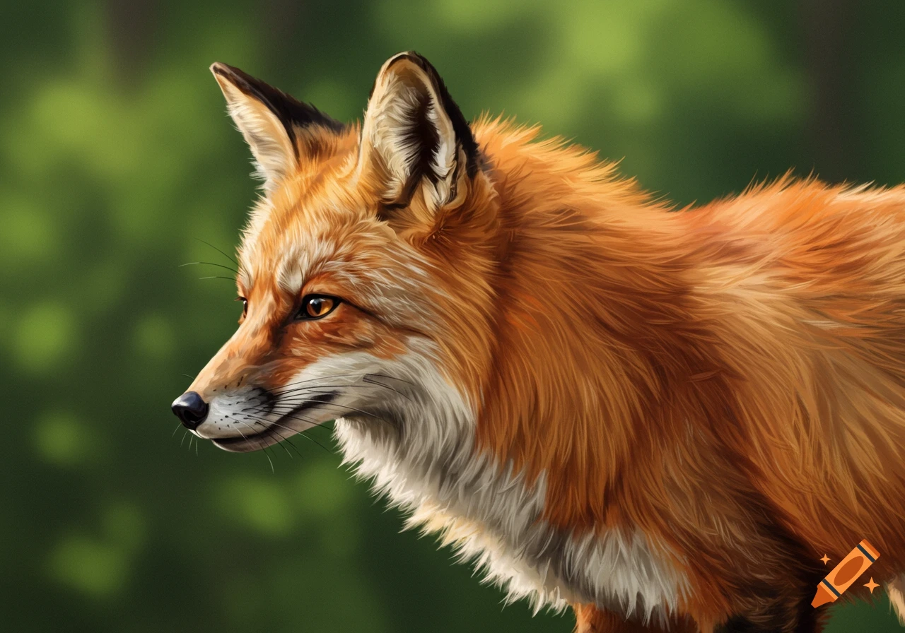 Digital painting of a fox's head and shoulders against a green background